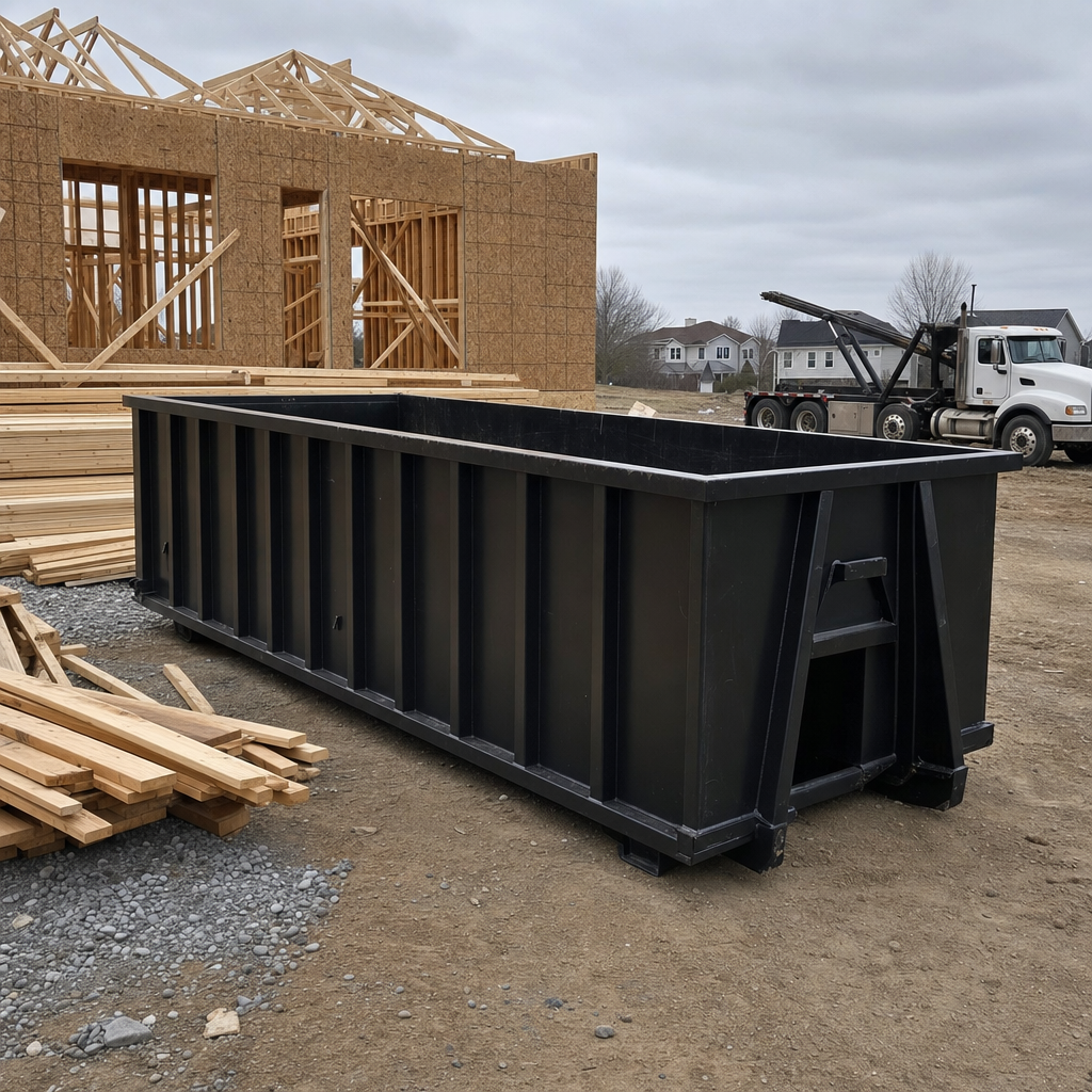 Matte-black 40-yard roll-off dumpster staged on a framed-out residential construction site in Columbia, framing lumber stacked nearby, hooklift delivery truck visible in the background under bright Colorado daylight