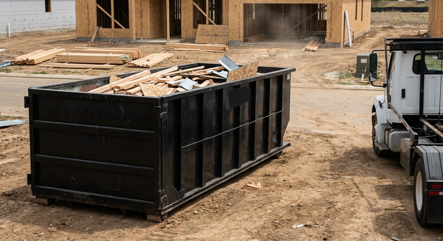 Matte-black 20-yard roll-off construction dumpster with heavy ribbed steel sidewalls and swing rear doors at a working jobsite in Columbia, sitting directly on compacted dirt with an unmarked white hauler partially visible at the far edge of the frame.