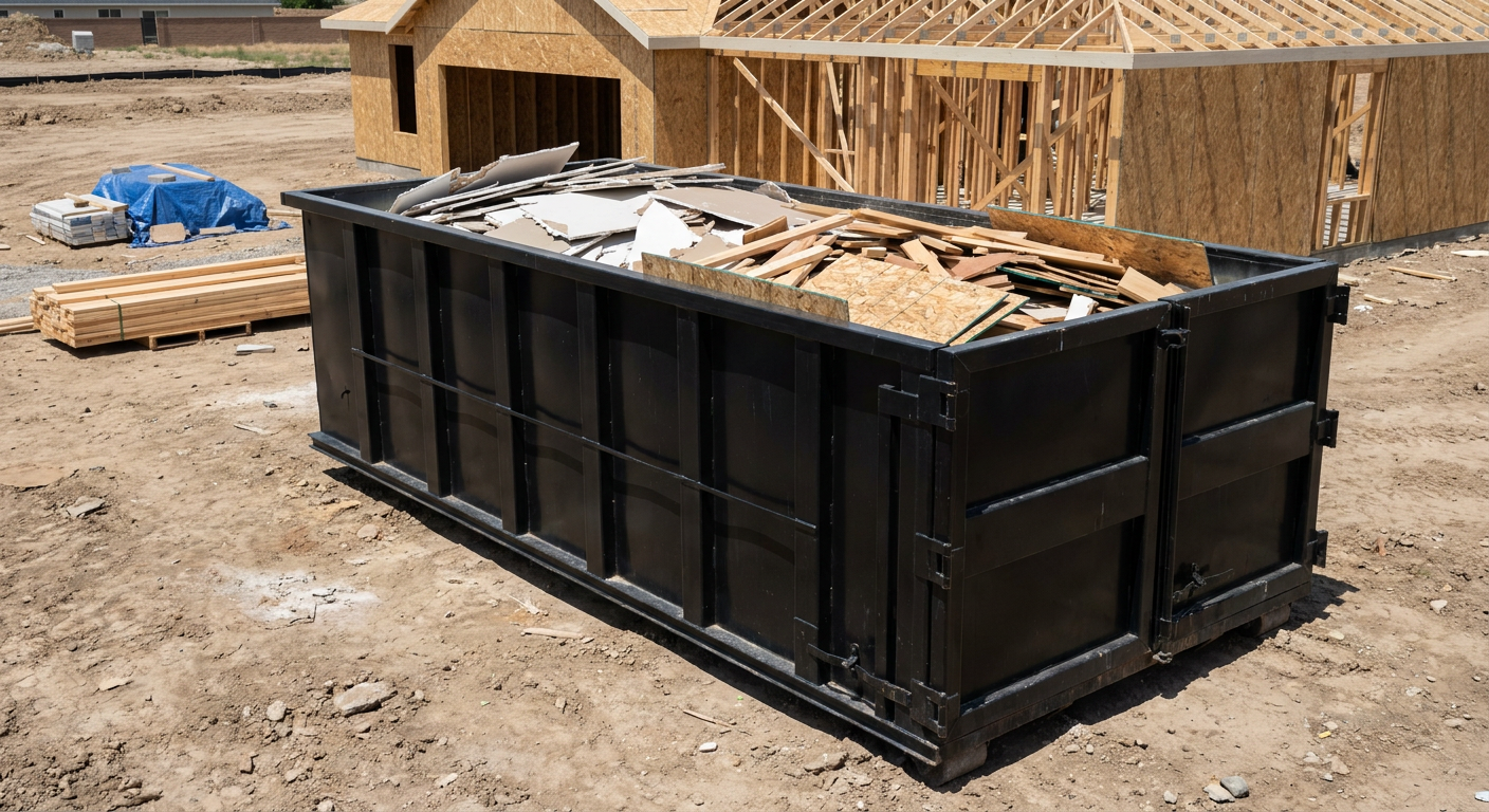 Matte-black 30-yard roll-off construction dumpster sitting directly on the compacted-dirt site of a framed single-family home build in Columbia, drywall and lumber scrap loaded inside.