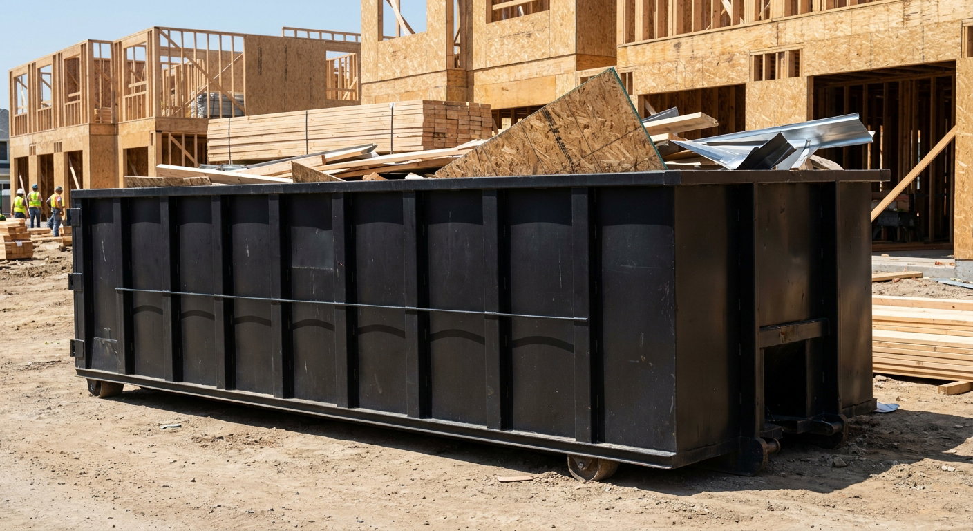 Matte-black 40-yard roll-off construction dumpster being lowered from a white-cab hooklift delivery truck onto the compacted-dirt jobsite at a commercial build site in Columbia