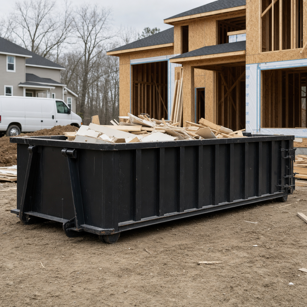 Worker in a yellow high-visibility vest tossing framing lumber and broken drywall into a matte-black 30-yard construction roll-off dumpster on an active build site in Columbia, bright daylight