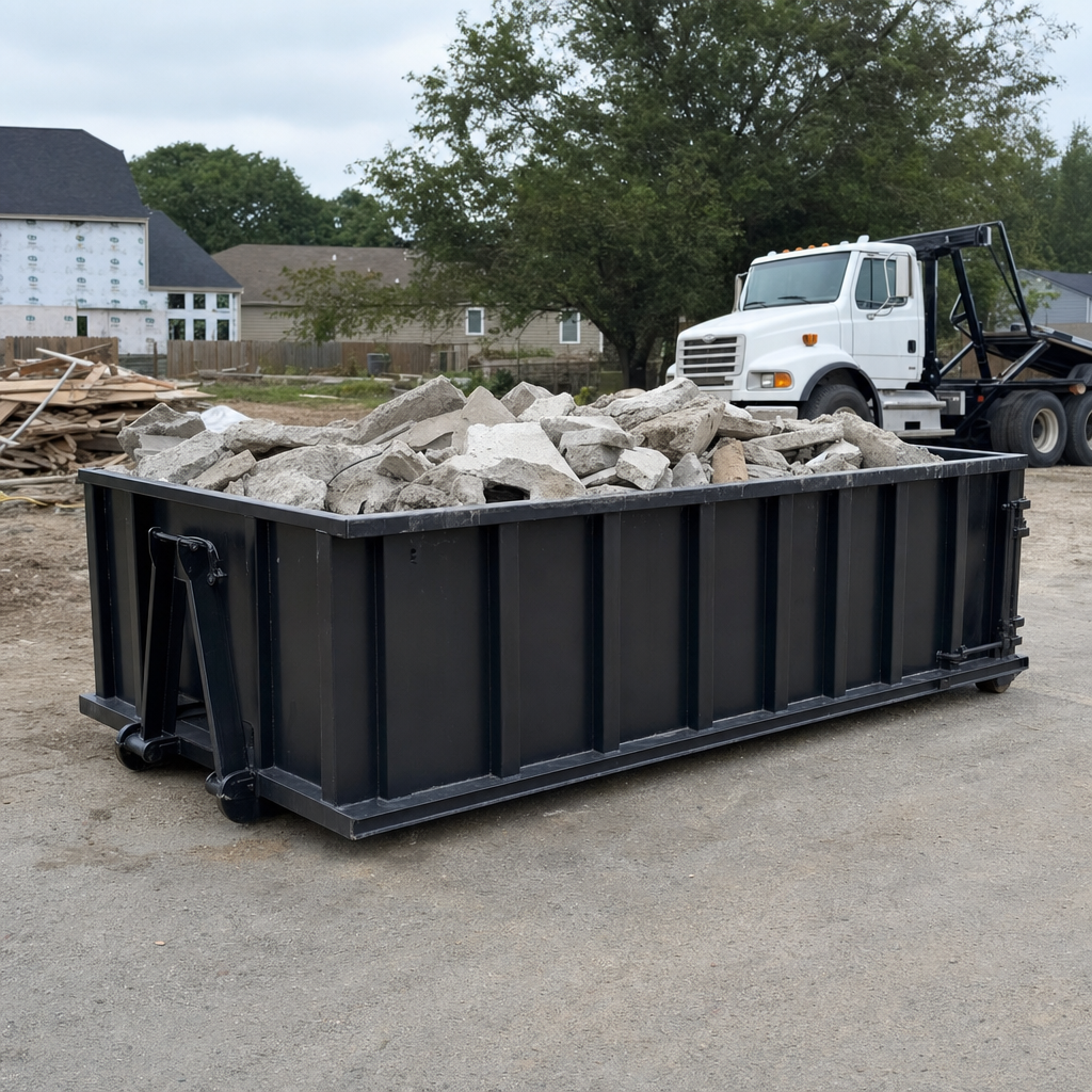 Low-profile matte-black lowboy roll-off dumpster loaded with broken concrete slab and rebar at a foundation tear-out in Columbia, skid steer parked beside it, sunny Colorado morning