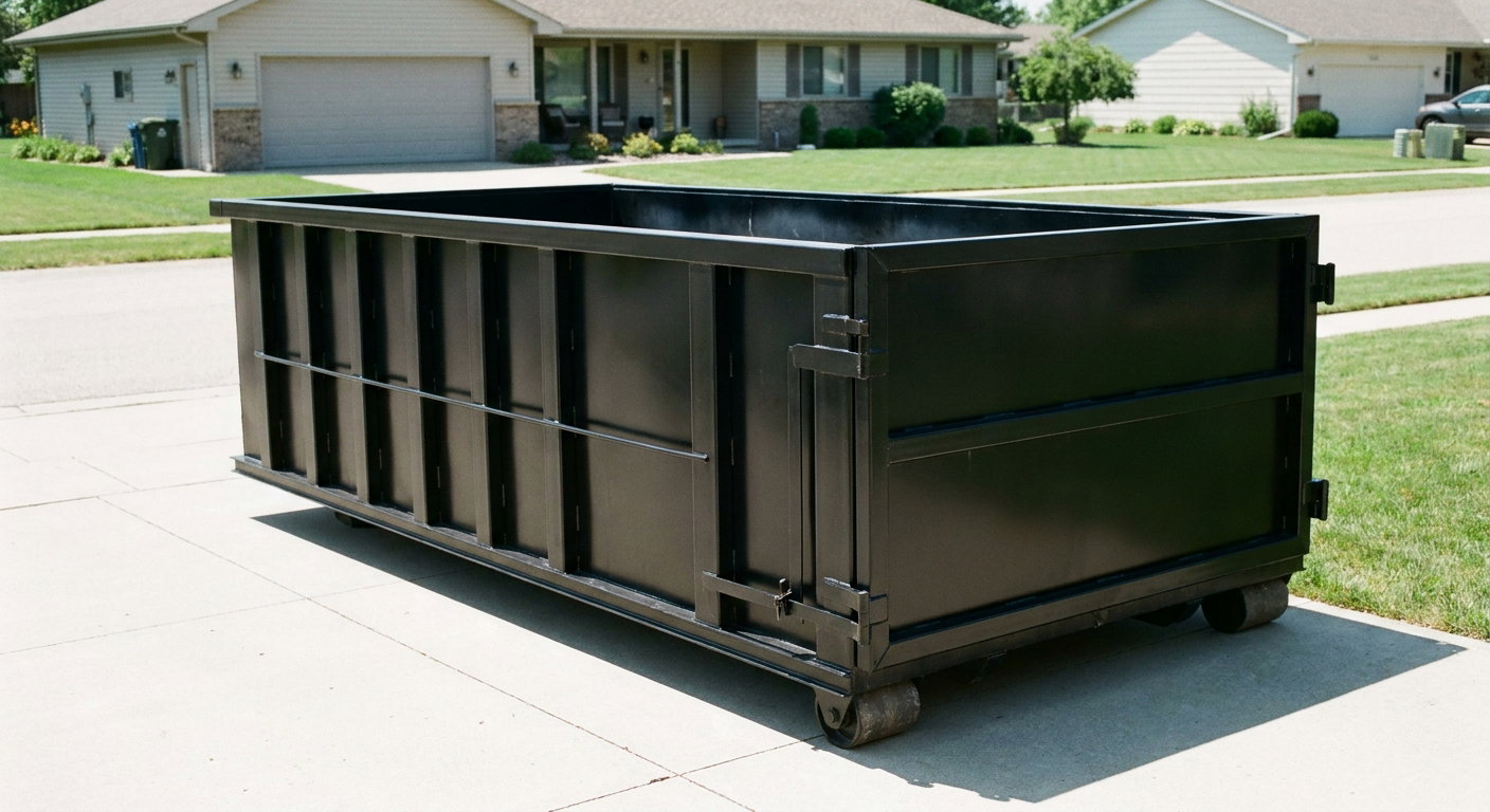 Matte-black 10-yard roll-off dumpster on a residential concrete driveway in Columbia, uniformly painted matte black across every panel and rail, ribbed steel sidewalls and rear swing door visible, mid-day daylight.