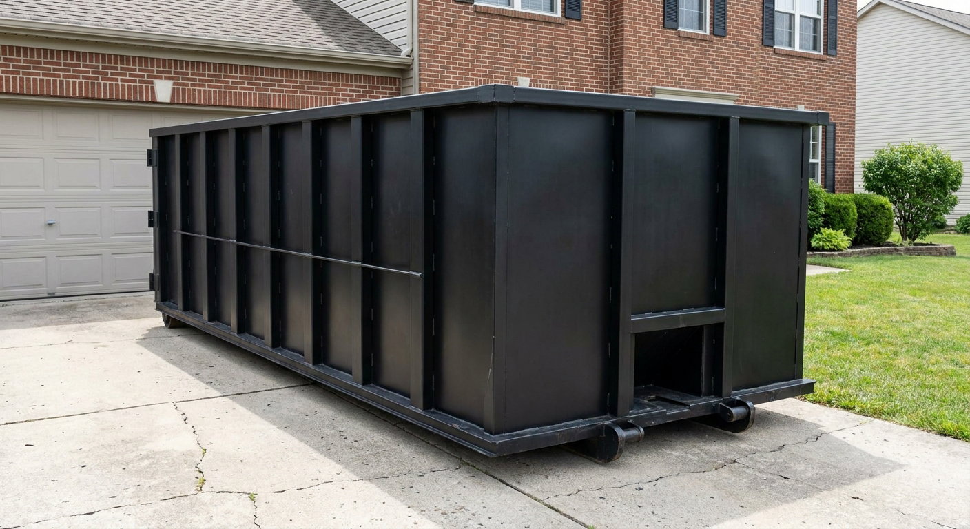 Matte-black 20-yard roll-off container on a Columbia residential concrete driveway with reinforced ribbed steel sidewalls and a hinged rear walk-in door, clean bright daylight.