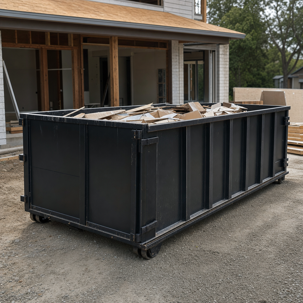 Large matte-black 30-yard construction roll-off dumpster at an active Columbia jobsite, steel-gray top rails and bottom rollers visible, loaded with construction debris.