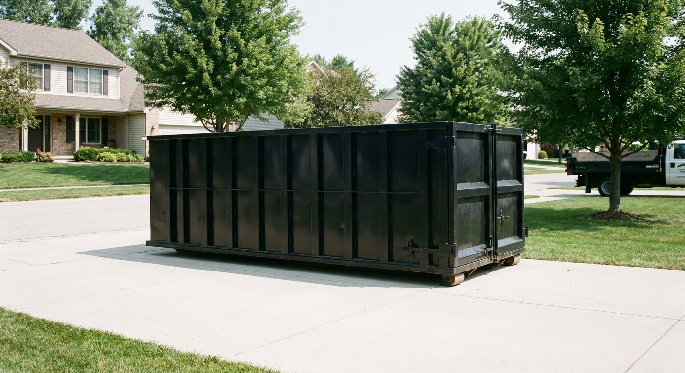 Matte-black 20-yard roll-off dumpster sitting level on a clean Columbia residential concrete driveway under bright daylight, demonstrating clean placement directly on the concrete.