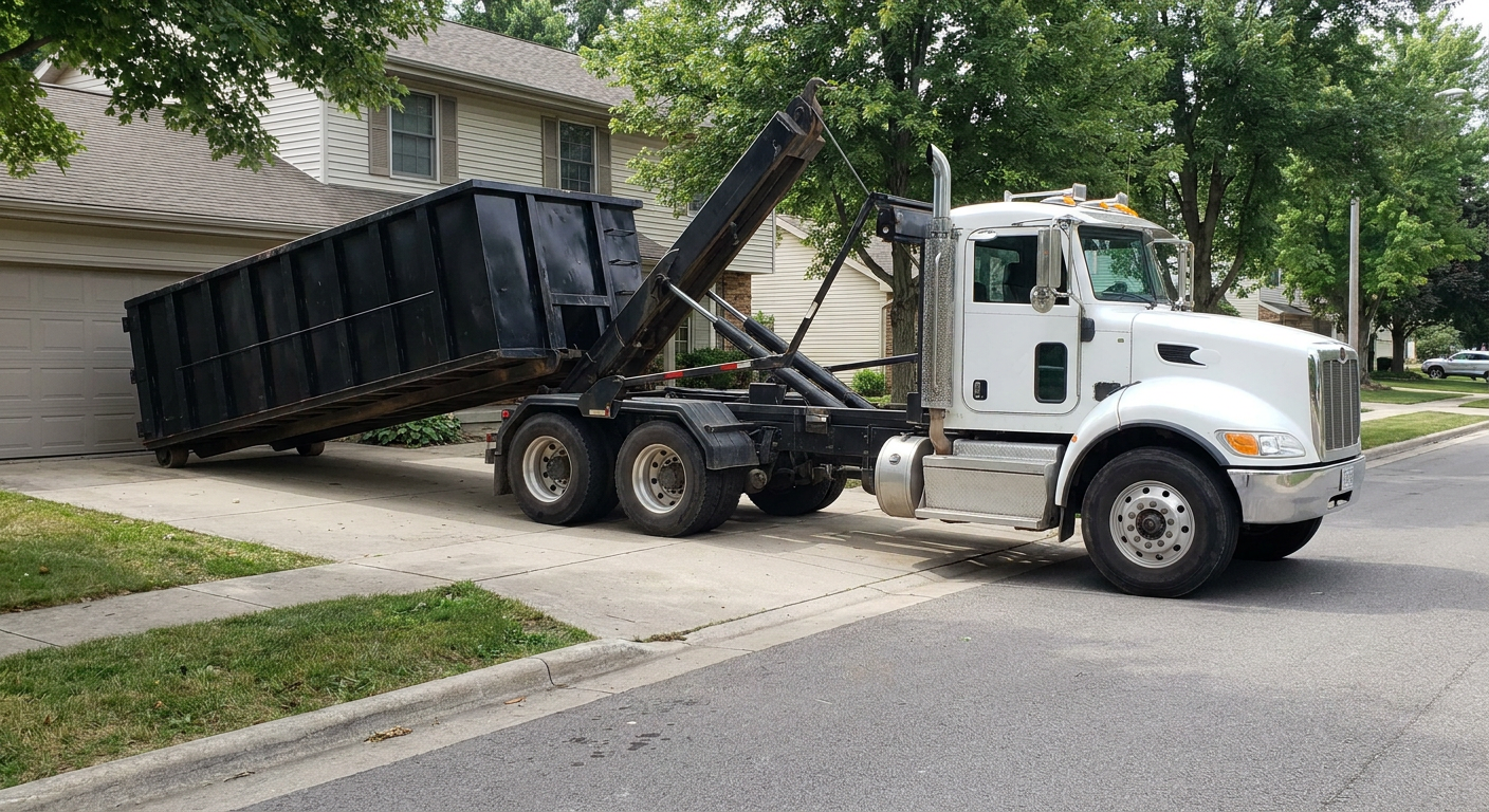 White-cab hooklift roll-off truck actively lowering a matte-black dumpster onto a Columbia residential concrete driveway, the dumpster's rear wheels touching the driveway as the hoist arm tilts the bed forward, mid-morning daylight.