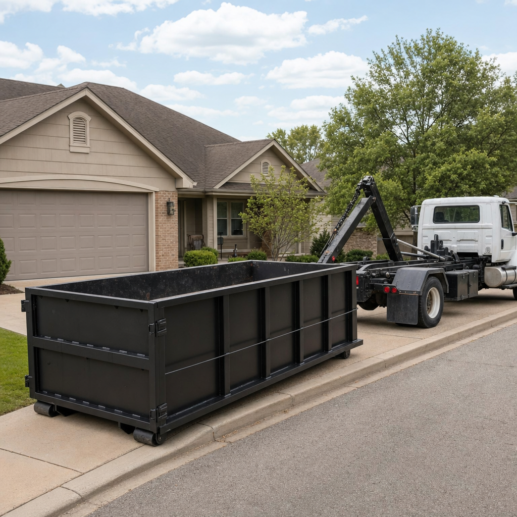 Wide documentary shot of a matte-black roll-off dumpster on a Columbia residential driveway in the foreground and a contractor jobsite container in the soft-focus background, bright daylight, calm and orderly composition.