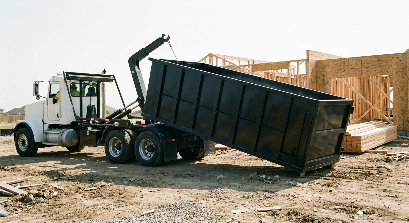 Matte-black roll-off dumpster being delivered onto a clean residential concrete driveway in Columbia by an unmarked white hooklift hauler truck, bright morning daylight, documentary 35mm perspective.