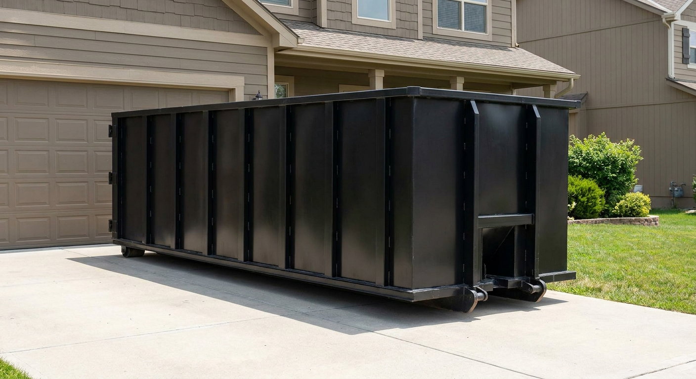 Matte-black residential roll-off dumpster sitting directly on a suburban Columbia concrete driveway, garage door closed, single-family home in background, bright morning daylight.
