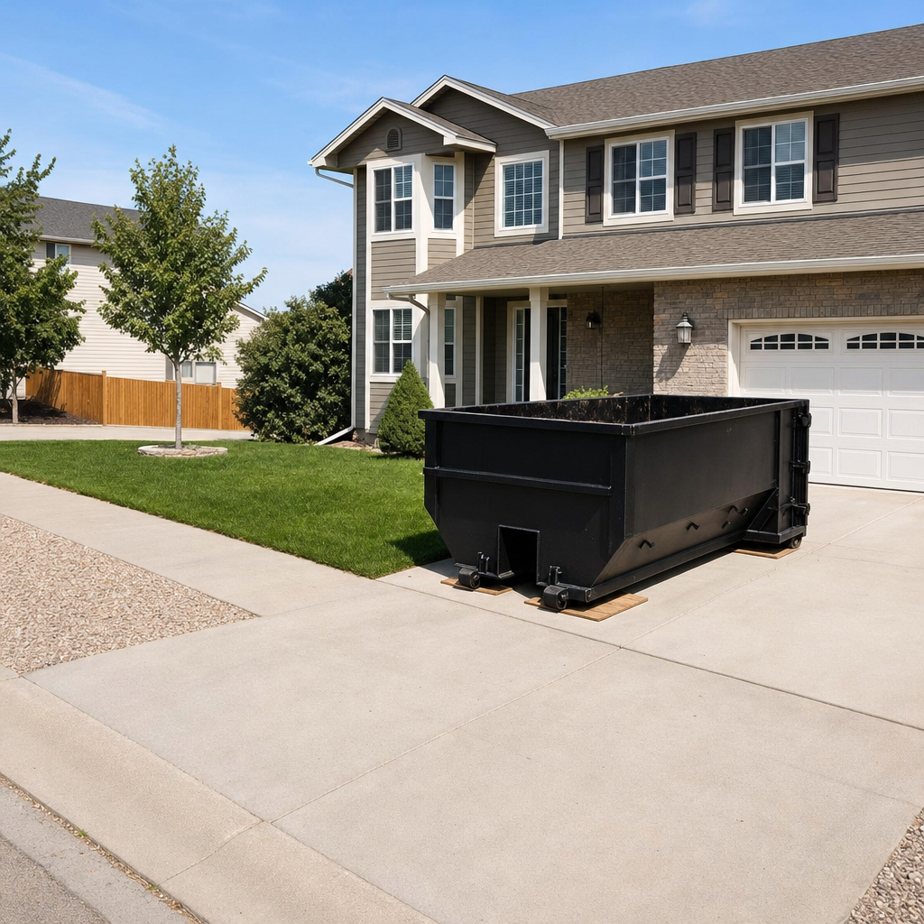 10-yard matte-black residential dumpster placed directly on a narrow Columbia concrete driveway, room remains for a parked sedan beside it, mid-morning natural light