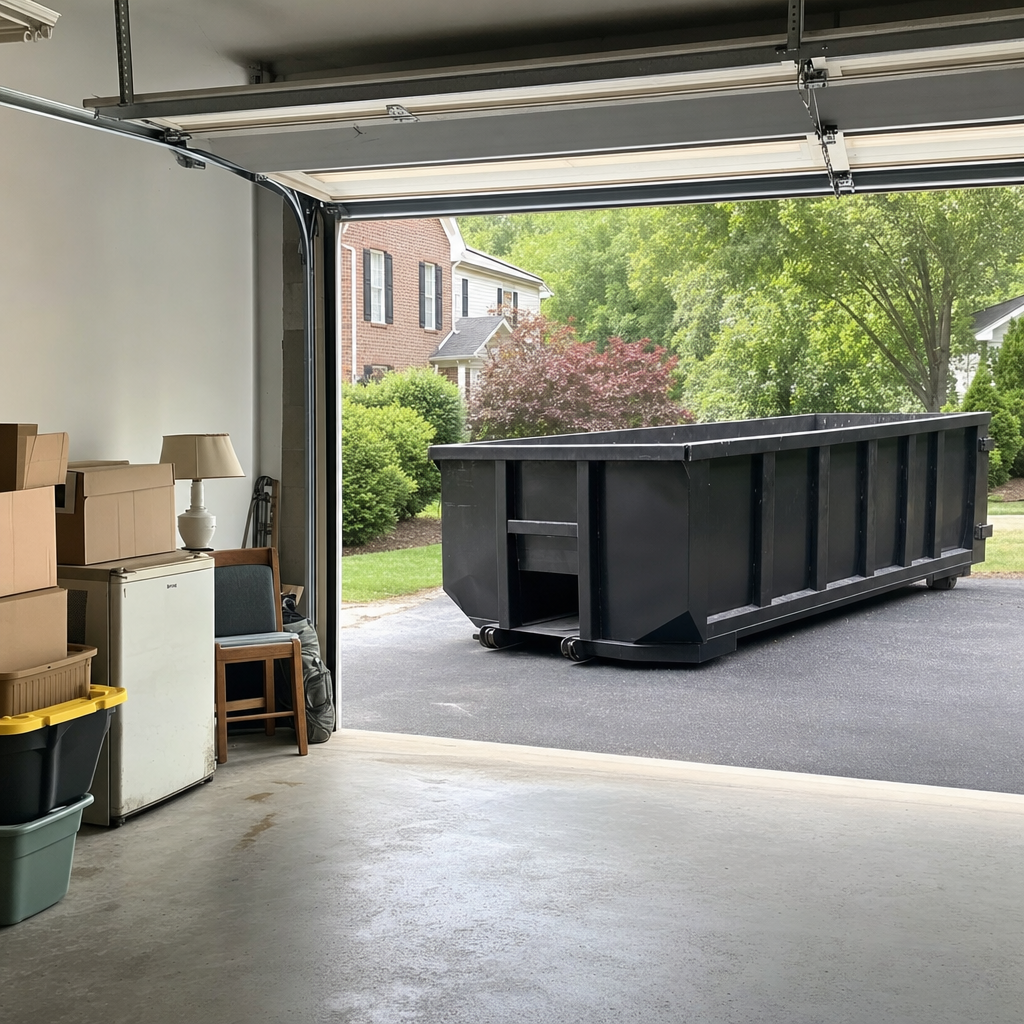 Open garage interior in a Columbia home mid-cleanout — boxed items, an old appliance, and stacked yard tools queued near the driveway for a matte-black roll-off dumpster, organized and calm
