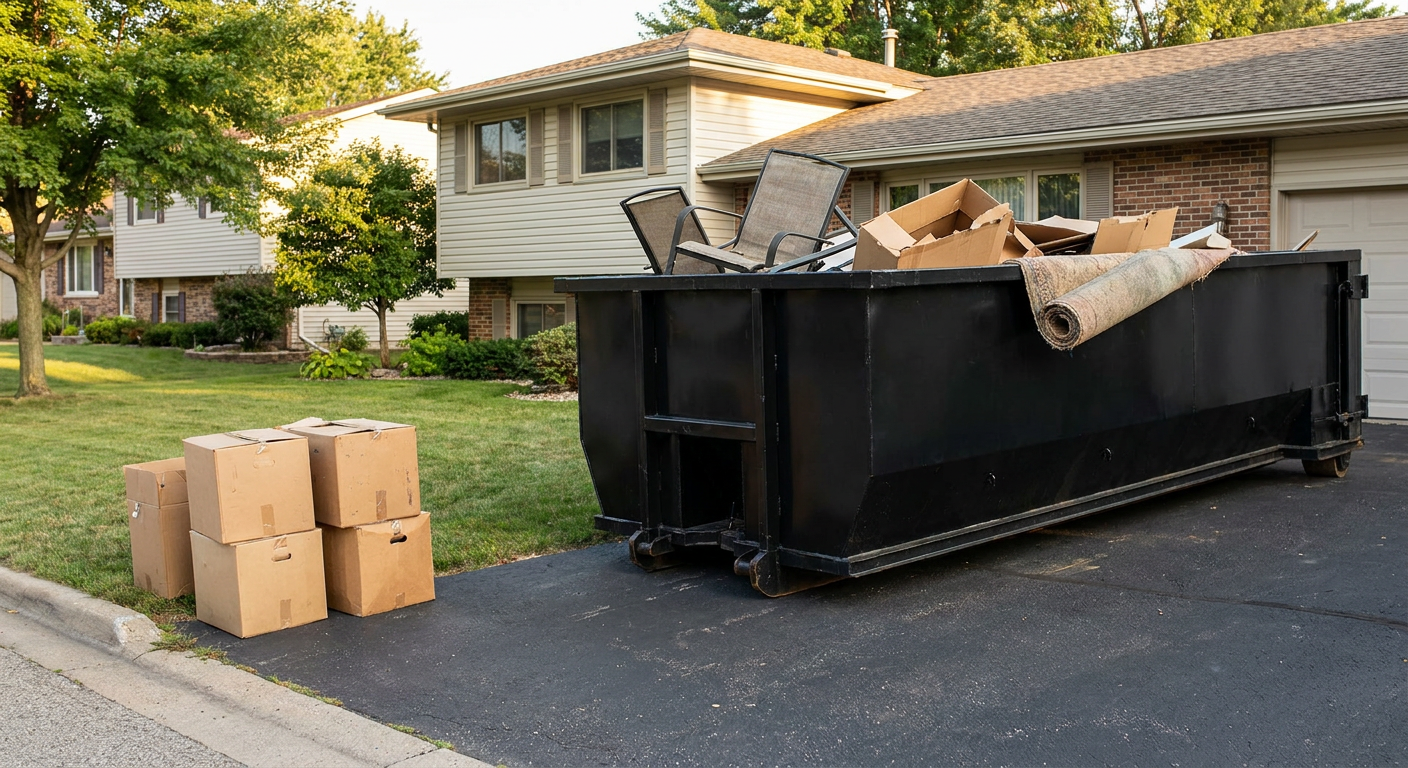 Front-yard view of a Columbia split-level home with a 20-yard matte-black roll-off dumpster sitting directly on the asphalt driveway, a few clearly labeled donation boxes staged at the curb, calm sunny afternoon.
