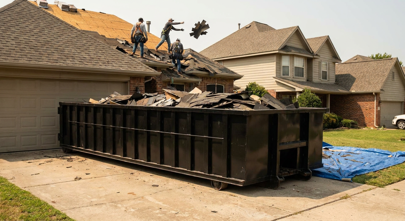 Matte-black roofing roll-off dumpster placed directly on a Columbia residential concrete driveway, a tear-off crew on a two-story asphalt-shingle roof tossing shingle bundles into the low-walled container, bright daylight, documentary 35mm perspective.