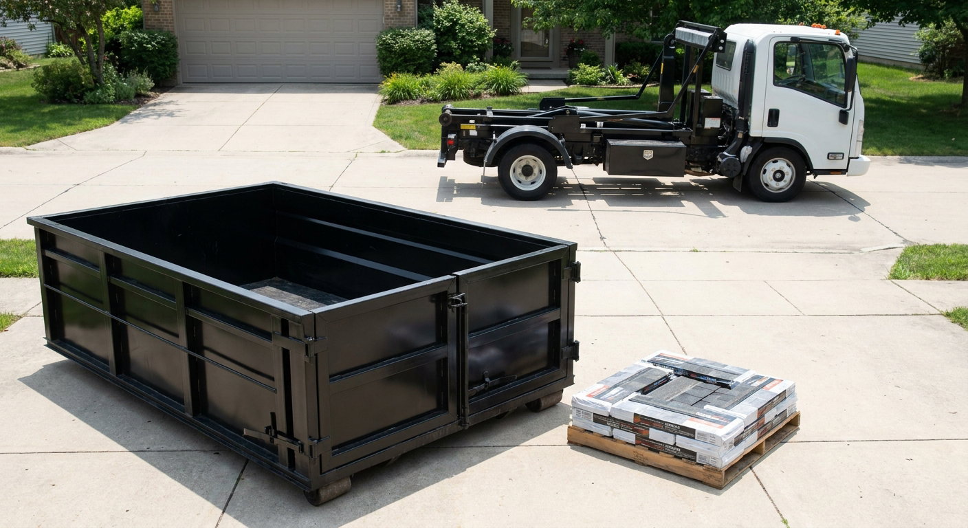 Matte-black 15-yard roofing roll-off dumpster with reinforced low side walls sitting directly on a Columbia residential concrete driveway, three-tab asphalt shingle bundles stacked nearby, an unmarked white hauler truck partially visible at the edge of the frame.