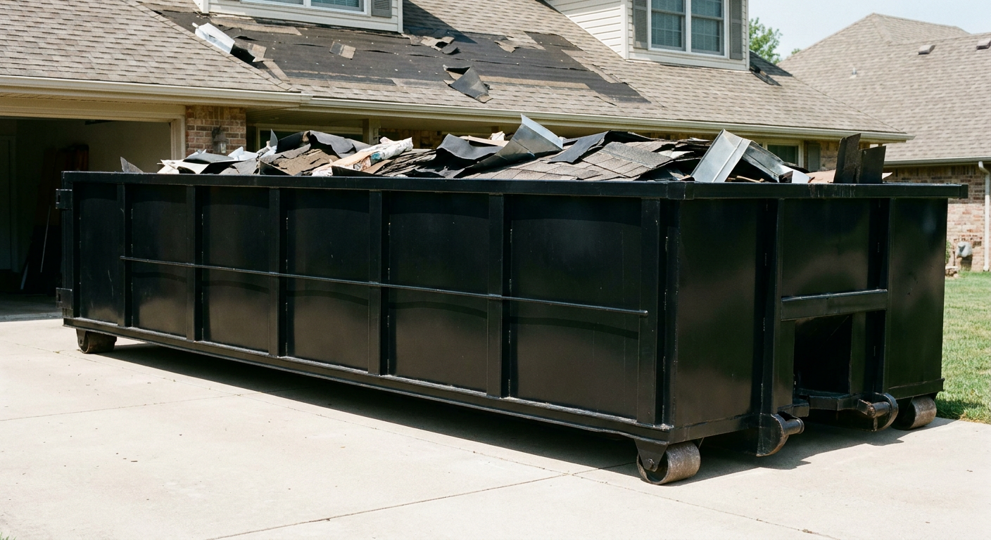 Matte-black 20-yard roofing roll-off dumpster with steel ribbed sides and swinging rear door, sitting directly on the concrete driveway of a two-story Columbia home, asphalt shingle debris being loaded over the low wall, clean documentary lighting.