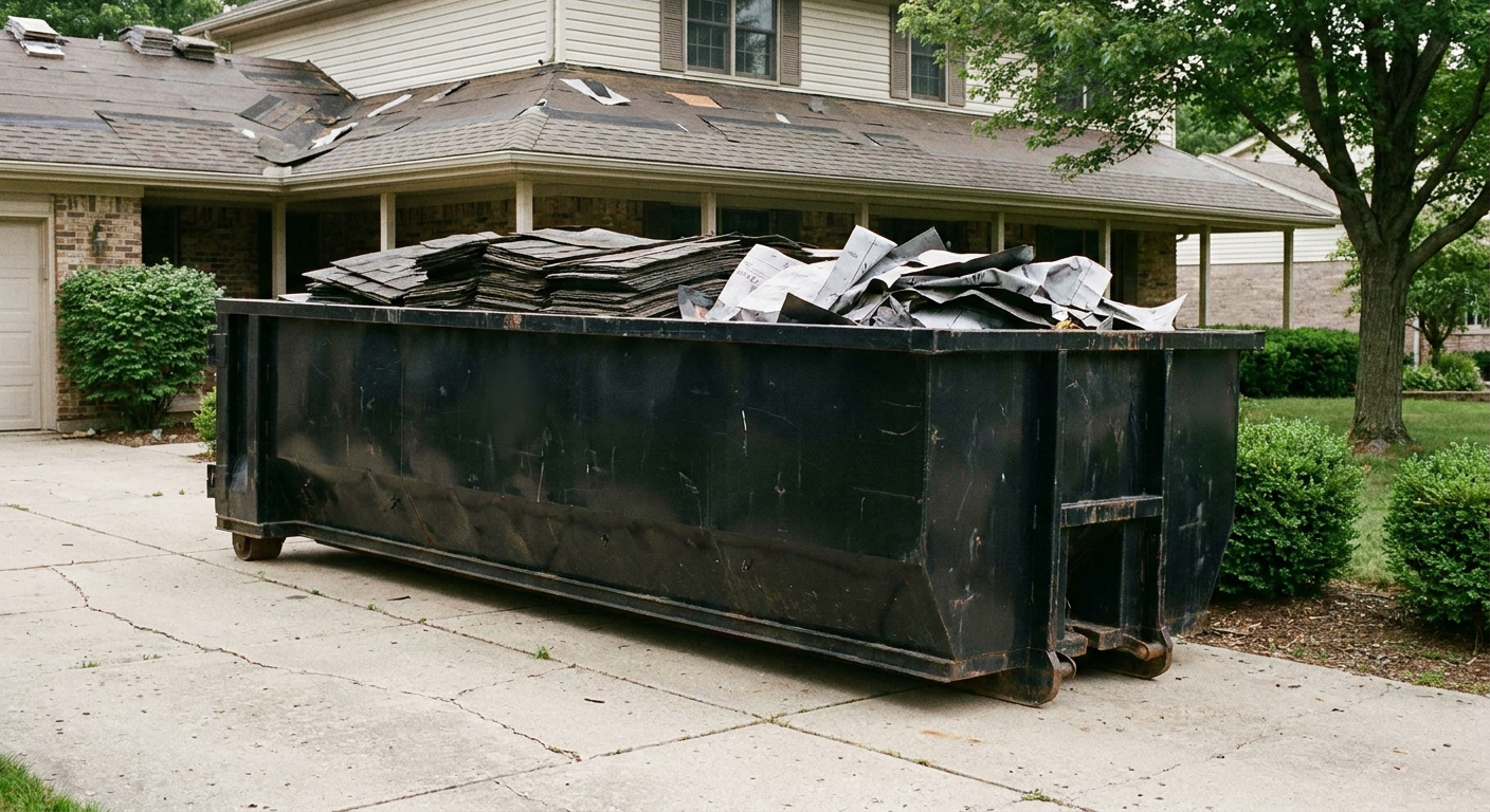 Matte-black 30-yard roofing roll-off dumpster sitting directly on a Columbia concrete driveway, taller ribbed steel side panels, mixed tear-off debris of asphalt shingles and underlayment inside, professional documentary daylight.