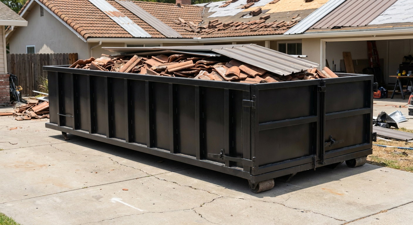 Matte-black low-wall heavy-debris roofing roll-off dumpster sitting directly on a Columbia concrete driveway, broken concrete clay roof tiles and metal panel sections loaded inside, reinforced ribbed steel side walls visible, bright outdoor daylight.