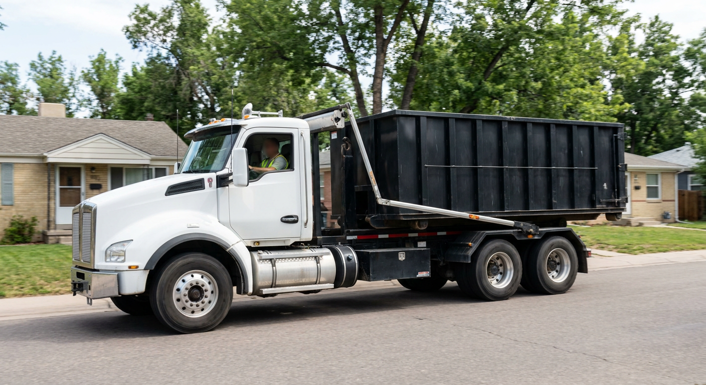 A wide documentary shot of a matte-black roll-off delivery truck pulling onto a quiet Columbia residential street at mid-morning, with neighborhood rooftops and tree-lined blocks visible behind, showing the metro coverage footprint.