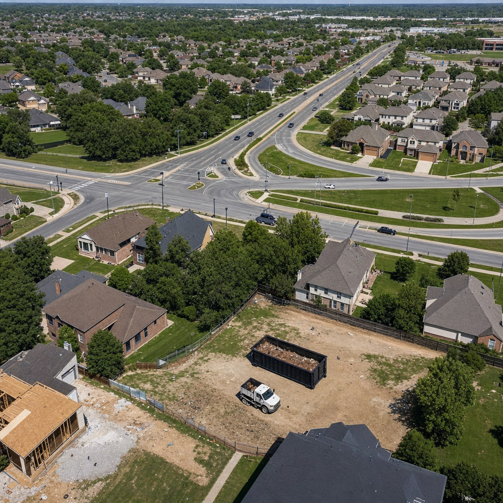 An overhead documentary view of the Columbia metro area at midday, showing the spread of neighborhoods, arterial roads, and the dispatch radius from a central yard — clean daylight, organized geographic layout.