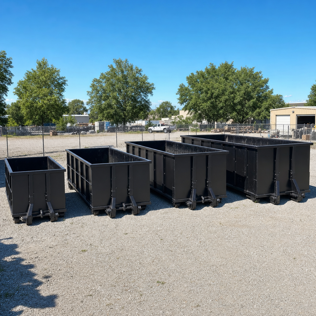 A clean lineup of matte-black roll-off dumpsters in 10, 20, 30, and 40-yard sizes staged on a sunlit gravel yard in Columbia, showing the size progression from compact to commercial-scale containers.
