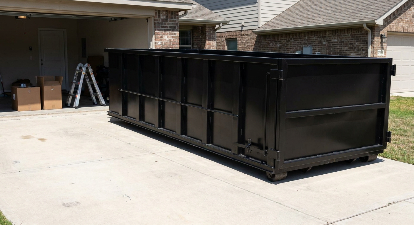 A matte-black 10-yard roll-off dumpster sitting directly on a residential Columbia concrete driveway, mid-day sunlight, clean and ready for a garage cleanout.