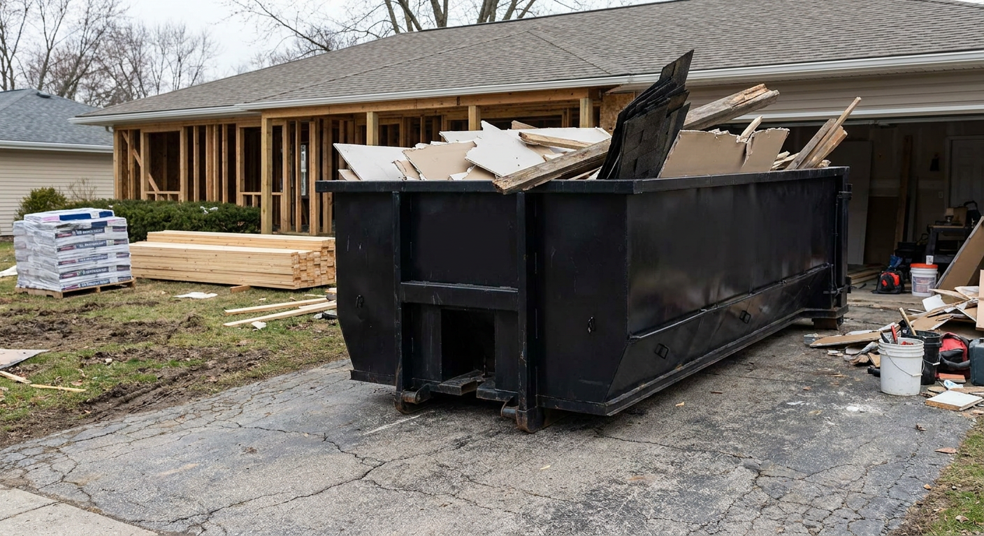 A matte-black 20-yard roll-off dumpster placed alongside a mid-renovation Columbia home directly on the asphalt driveway, with framing materials and torn-off shingles staged neatly nearby.