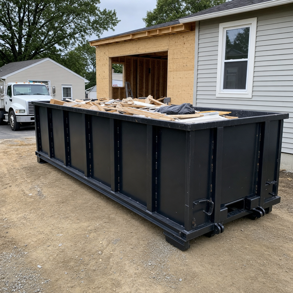 A matte-black 30-yard roll-off dumpster positioned at a Columbia residential addition jobsite, with framing lumber and drywall scraps loaded through the open swinging rear doors.