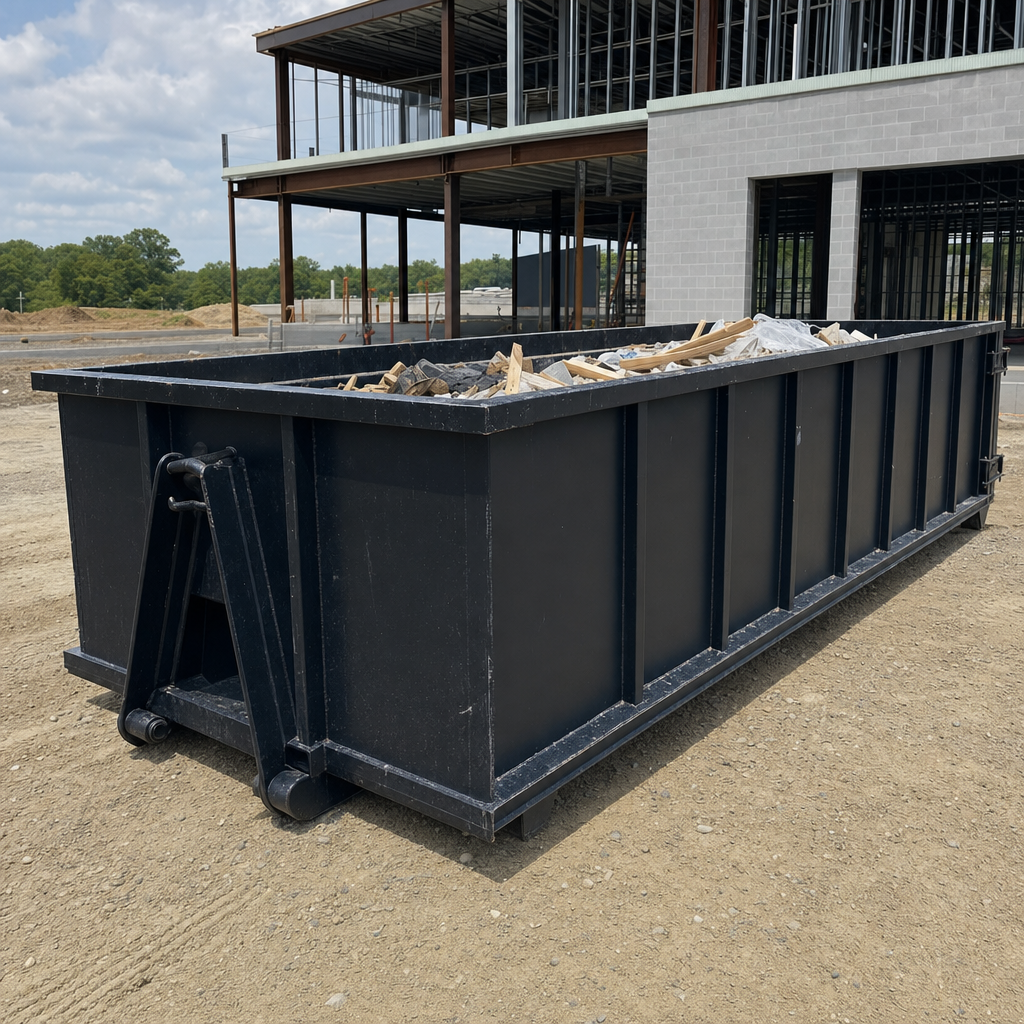 A matte-black 40-yard roll-off dumpster staged on a large Columbia commercial construction lot, with a hooklift delivery truck parked alongside under bright midday sky.