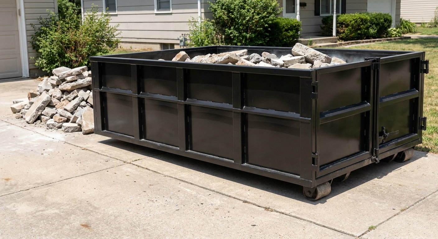 A matte-black low-side heavy-debris roll-off dumpster placed directly on a Columbia concrete driveway, with broken concrete chunks neatly stacked beside it under clean daylight.
